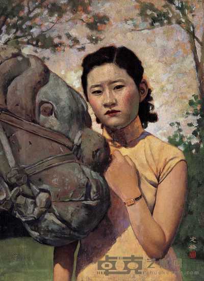 郑定裕 石兽前的黄衣女子 38.5×34.5cm